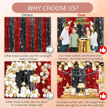 3 Pack Black and Red Backdrop Party Decorations Tinsel Curtain Party Backdrop - Image 3
