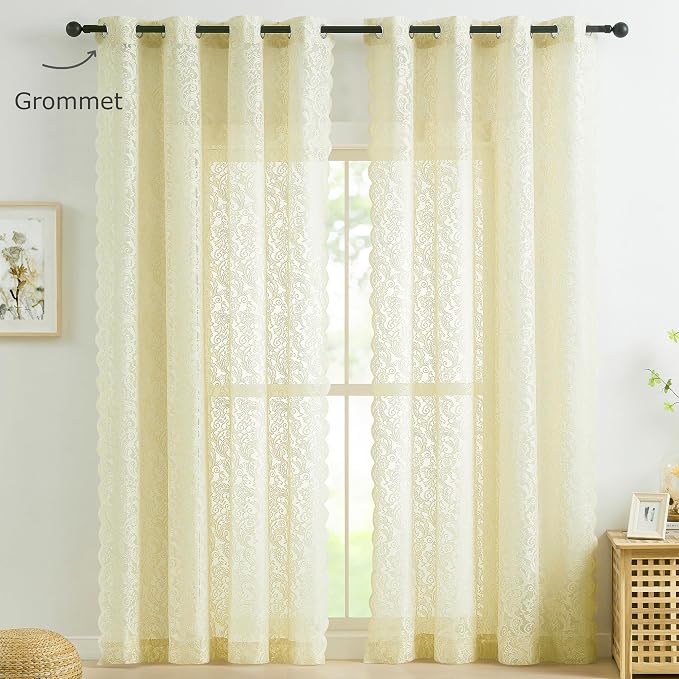 Bujasso Ivory Sheer Lace Curtains 63 inch Vintage Floral Sheer Window Curtain - Image 6
