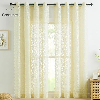 Bujasso Ivory Sheer Lace Curtains 63 inch Vintage Floral Sheer Window Curtain - Image 6
