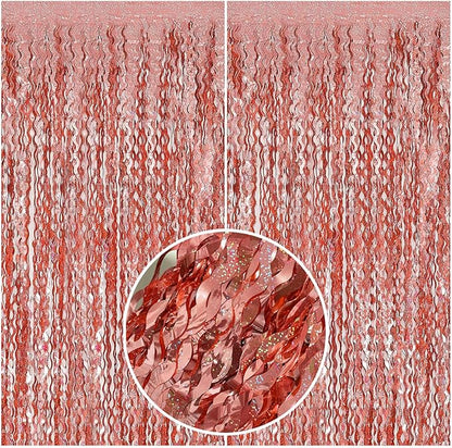 BOMSI Rose Gold Tinsel Foil Fringe Curtains Wavy Backdrop by BOMSI