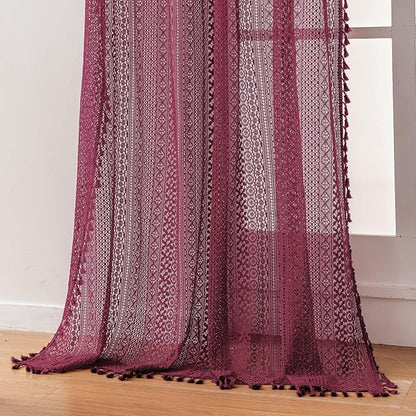 WAZZIO Boho Lace Curtains 63 Inches 2 Panel, Light Filtering Privacy Tassel & by WAZZIO