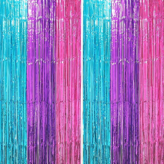 Voircoloria Blue Purple Pink Fringe Backdrop Curtains, 2 Pack | Tinsel Streamers by Voircoloria