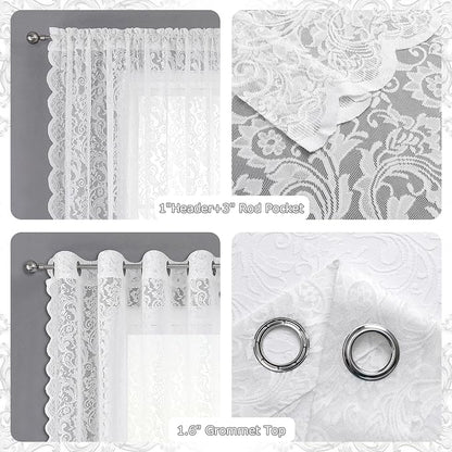 Bujasso White Lace Sheer Curtains Floral Vintage Window Curtain Panels 95 inch - Image 5