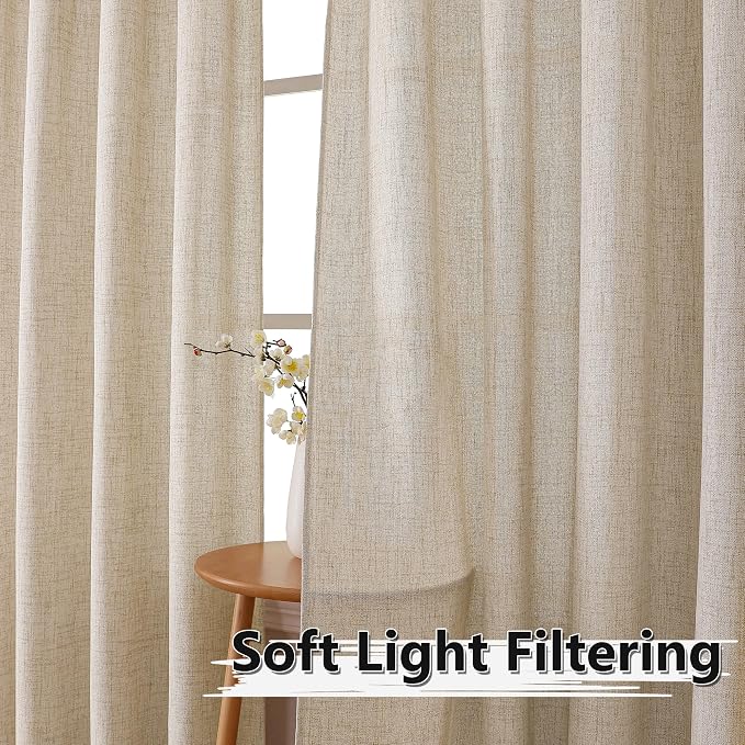 Tollpiz Short Linen Curtains Living Room Rod Pocket Semi Sheer Curtain Burlap - Image 2