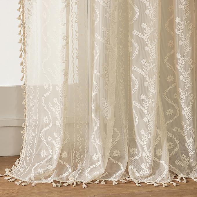 WAZZIO Boho Lace Curtains 2 Panels 105 Inches -Cute Vintage Victorian Sheer by WAZZIO
