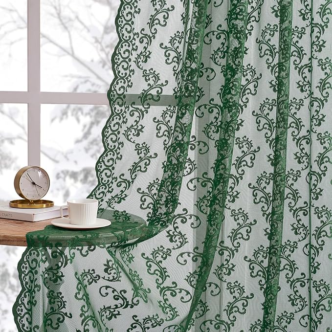 Dark Green Lace Curtains 72 Inches Long 2 Panels Country Vintage Sheer Lace by FOLKSIDEHomeDecoration