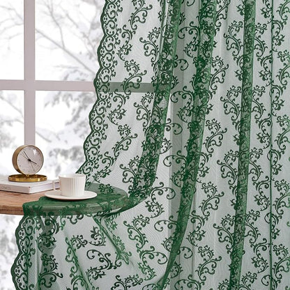 FOLKSIDE Dark Green Lace Curtains 63 Inch Length 2 Panels Paisley Floral Lace by FOLKSIDEHomeDecoration