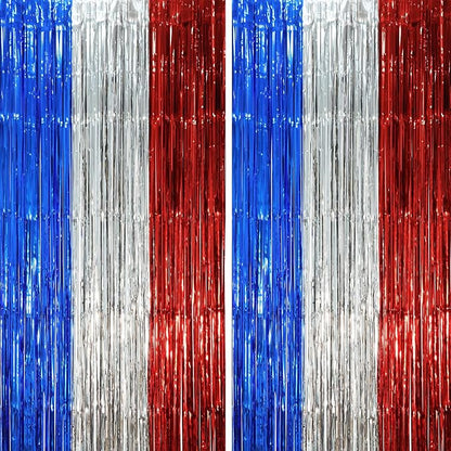 Voircoloria Blue Red Silver Foil Fringe Backdrop Curtains, 2 Pack | Tinsel by Voircoloria