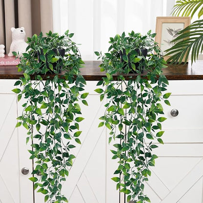 2Pcs Fake Hanging Plants with Pot Eucalyptus Leaves Fake Vines | UV Resistant - Image 8