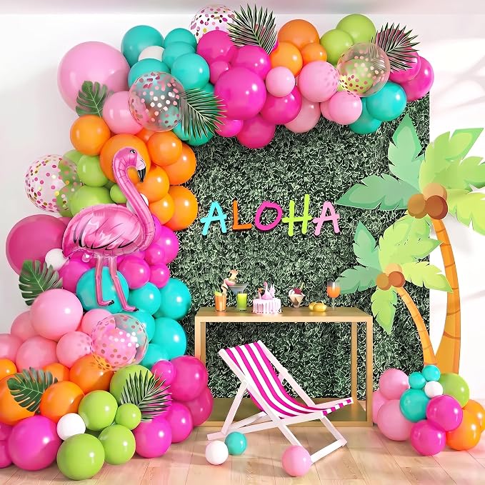 124Pcs Tropical Balloons Arch Garland Kit Flamingo Party Decor | Green Hot Pink by OUDDYLIFE