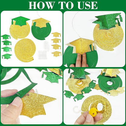 24Pcs Green Gold Graduation Grad Cap Hanging Felt Swirl Streamer Spiral Ceiling - Image 3