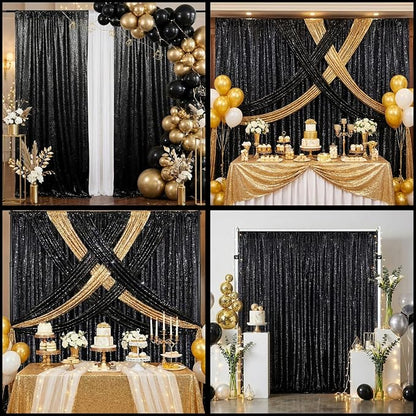 Black Sequin Backdrop Curtains Party Photo Glitter Drapes 2 Pcs 2FTx8FT | - Image 3