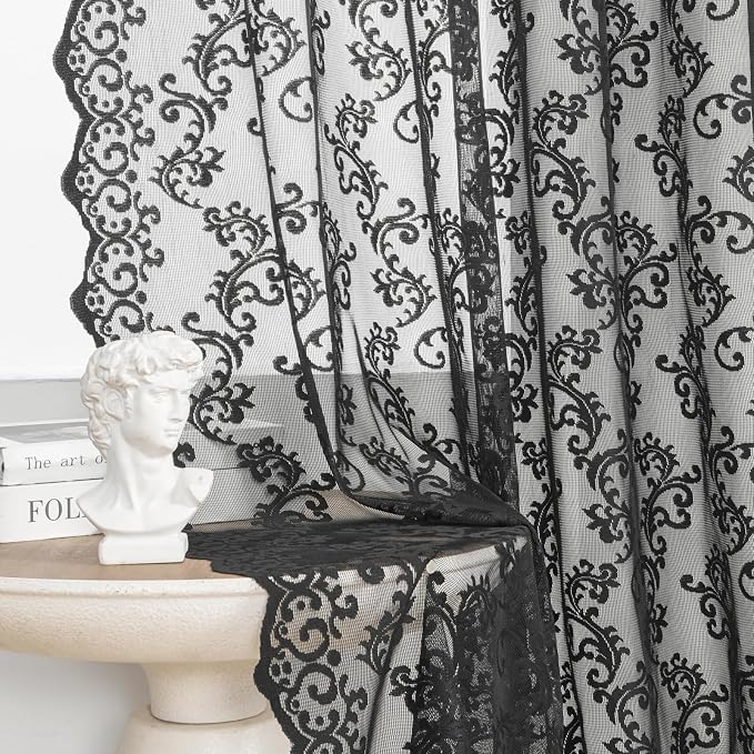 Black Lace Curtains 84 Inches Long 2 Panels Vintage Paisley Floral Sheer by FOLKSIDEHomeDecoration