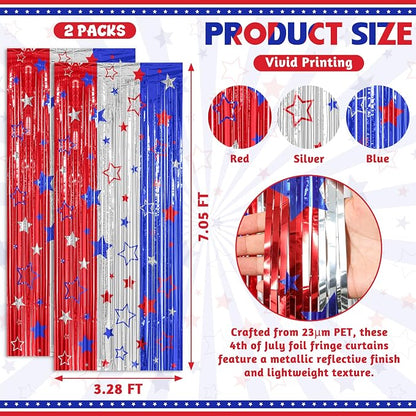 ZATAYE 2 Pack Red Silver Blue Foil Curtain Streamer Decorations | Red Silver - Image 2