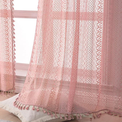 WAZZIO Boho Lace Curtains 84 Inches 2 Panel, Light Filtering Privacy Tassel & - Image 6