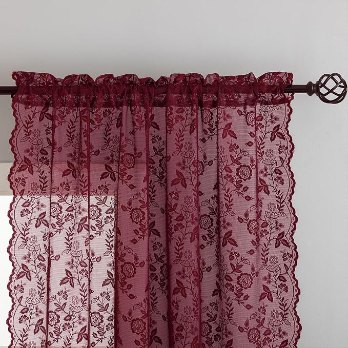 Burgundy Sheer Curtains for Bedroom Rustic Floral W42 x L54 Inch, 2 Panels | - Image 4