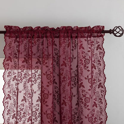Burgundy Sheer Curtains for Bedroom Rustic Floral W42 x L54 Inch, 2 Panels | - Image 4