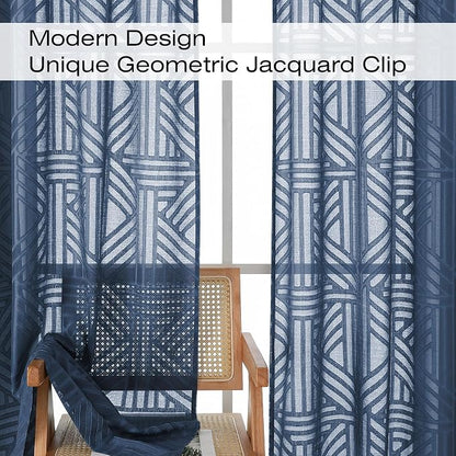 Simplebrand Navy Blue Semi Sheer Curtains 45 Inch Length 2 Panels, Geometric - Image 3