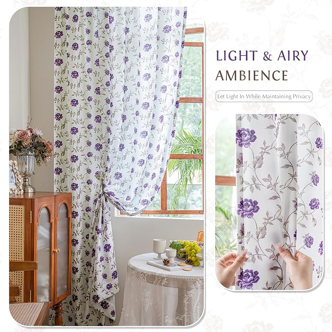 Beauoop Floral Sheer Curtains for Bedroom Purple Brown 52x96 2 Panels | Semi - Image 3