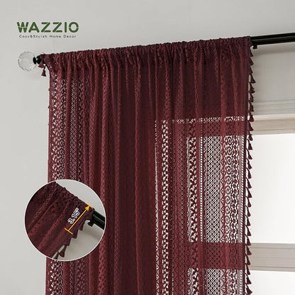 WAZZIO Boho Lace Curtains 84 Inches 2 Panel, Light Filtering Privacy Tassel & - Image 3