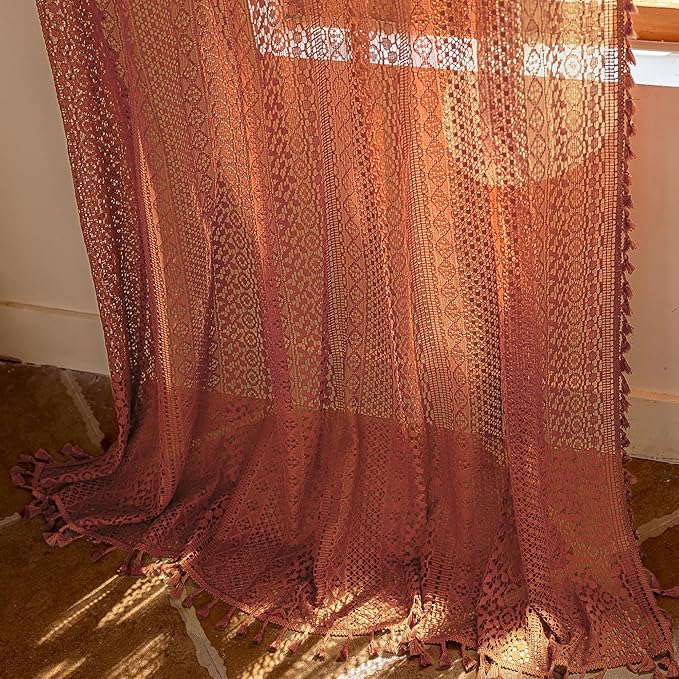 WAZZIO Boho Lace Curtains 102 Inches 2 Panel, Light Filtering Privacy Tassel & - Image 6