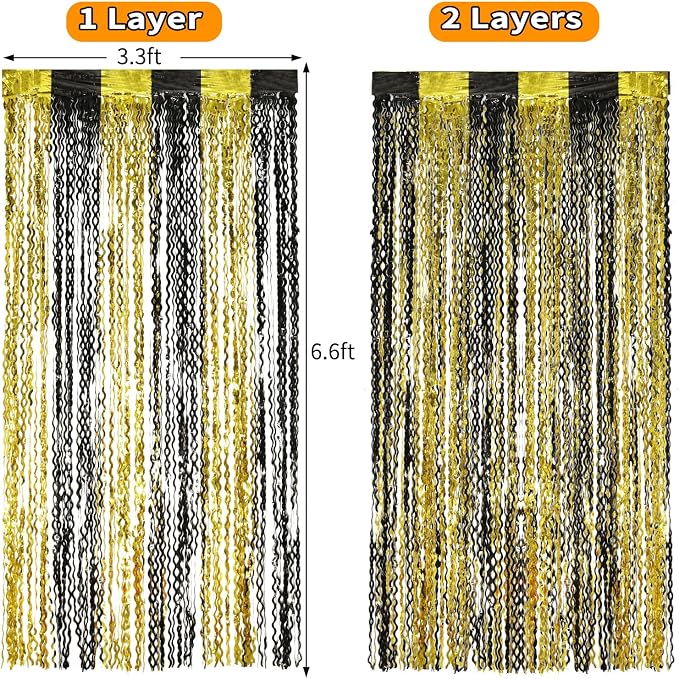 KEEUH 4 Pack Black and Gold Wavy Foil Fringe Curtains Pirthday Decorations - Image 5