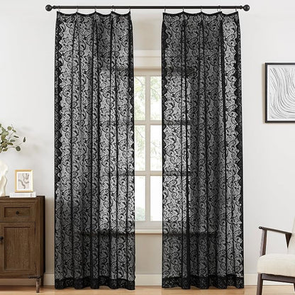Bujasso Black Lace Pinch Pleat Curtains 108 inch, Gothic Vintage Floral Sheer by Bujasso