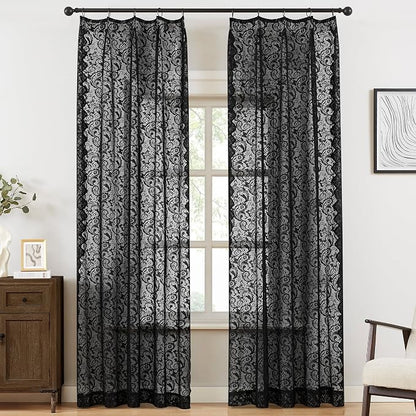 Bujasso Black Lace Pinch Pleat Curtains 90 inch, Gothic Vintage Floral Sheer by Bujasso