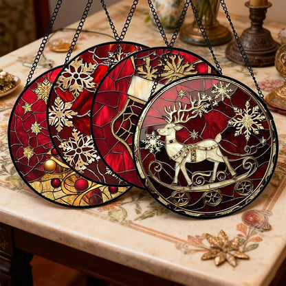 DASTOLL Stained Glass Window Hanging 4 Pcs Set Red Christmas Elk Snowflakes - Image 2