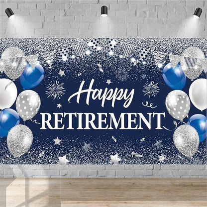 Blue Silver Happy Retirement Banner Large Retirement Party Banner Backdrop by Unknown