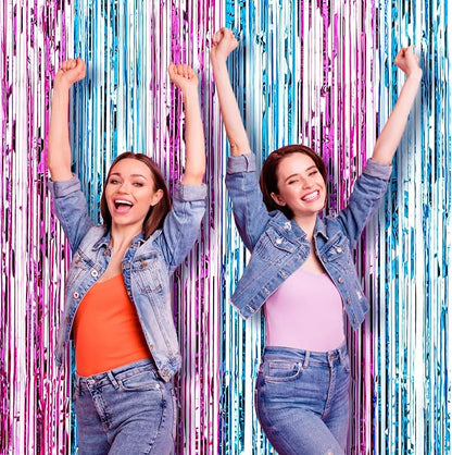 Voircoloria Blue Pink Foil Fringe Backdrop Curtains, 3 Pack | Tinsel Streamers - Image 7