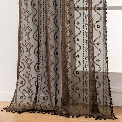 WAZZIO Boho Lace Curtains 2 Panels 63 Inch -Victorian Sheer Panel Drape French by WAZZIO