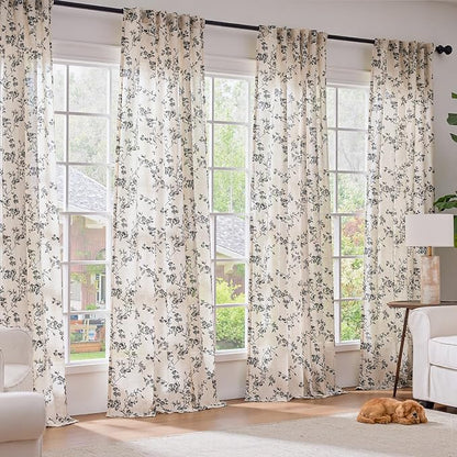 Black Vintage Floral Linen Curtains Farmhouse 50W X 84L 2 Panels | Elisa Series - Image 3