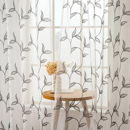 Sheer Curtains Boho Leaf Floral Embroidered Grey 54Wx102L | Light Filtering - Image 8