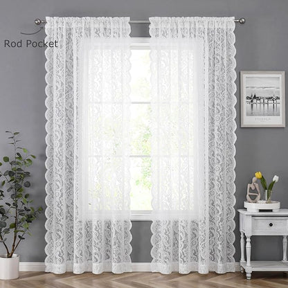 Bujasso White Lace Sheer Curtains Vintage Floral Sheer Curtain Panels 95 inch - Image 7