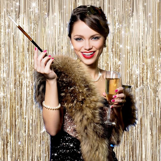 2Pack Champagne Gold Foil Fringe Backdrop Curtains, Tinsel Door Streamers - Image 3