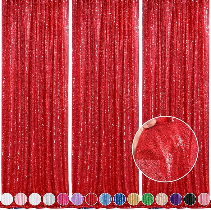 Red Curtains Birthday Sequin Backdrop, 3 Pack 2ft x 8ft Party Background | by QueenDream