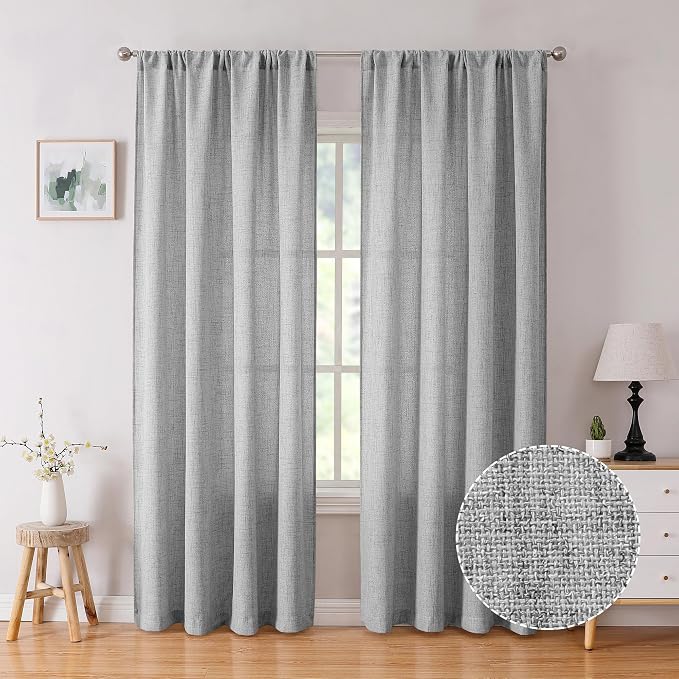 Tollpiz Linen Curtains Living Room Rod Pocket Semi Sheer Curtain Burlap Light by Tollpiz