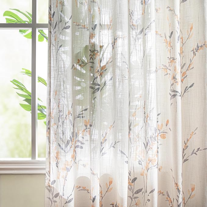 MYSKY HOME Sheer Curtains 108 Inch Length Semi Flax Linen Floral Farmhouse - Image 3