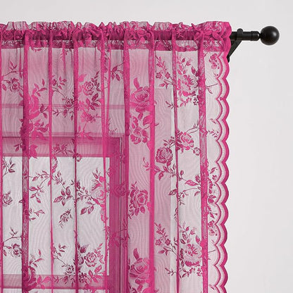 108 Inch Raspberry Lace Curtains Rod Pocket Large 3D Floral Embroidery Semi - Image 3