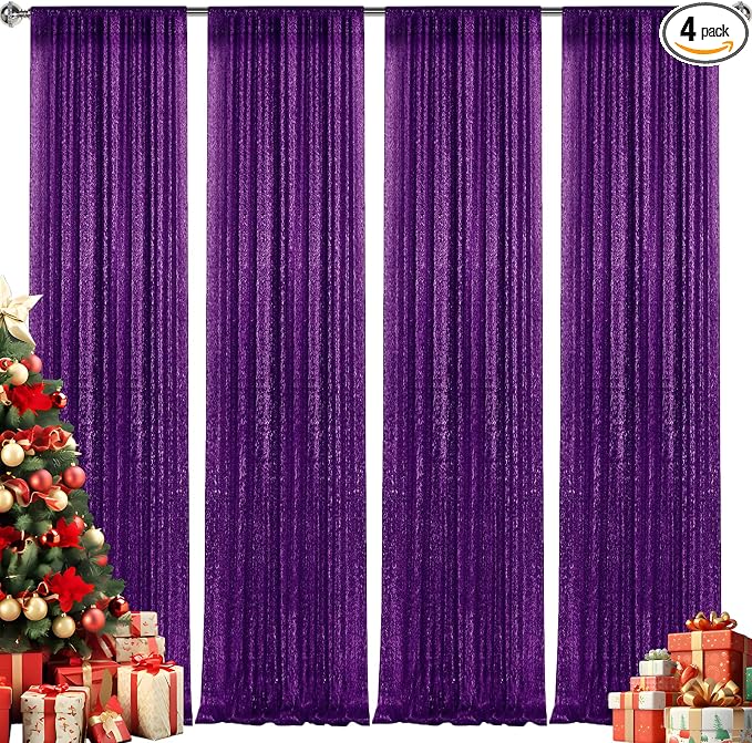 2×8FT-4PCS Purple Sequin Backdrop Curtains Panels, Photography Backdrop Glitter by Pufogu