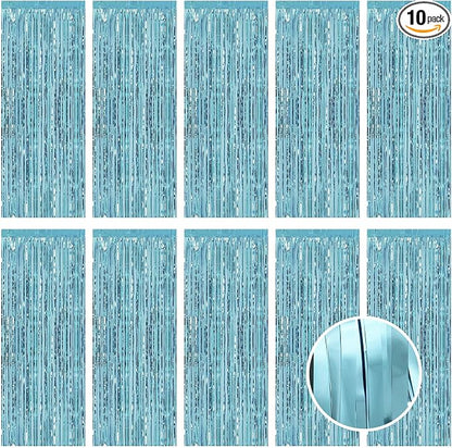 10 Pack Blue Foil Curtain Backdrop 3.2ft x 9.8ft Metallic Tinsel Foil Fringe by Ohiyoo