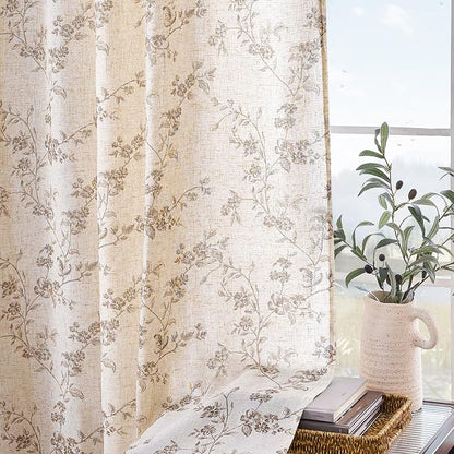Taupe Vintage Floral Linen Curtains Farmhouse 38W X 90L 2 Panels | Elisa Series - Image 5