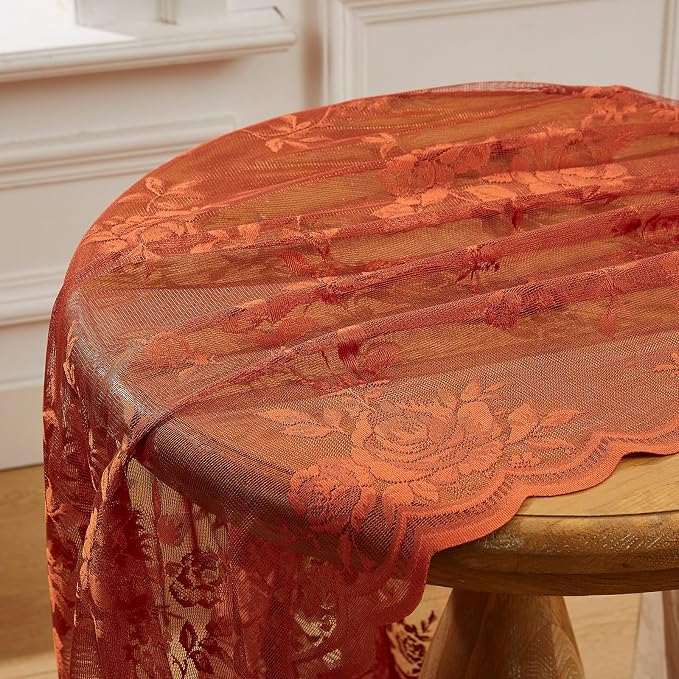 Burnt Orange Lace Curtains Country Rustic Floral Curtain - Image 8