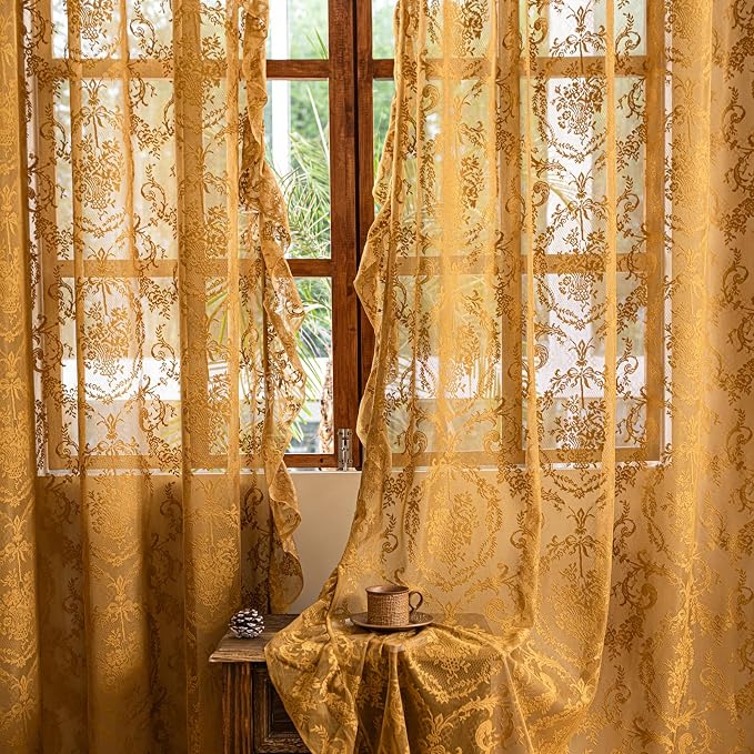 Deeprove Boho Gold Lace Sheer Curtains 84 inches Long 2 Panels Set by Deeprove