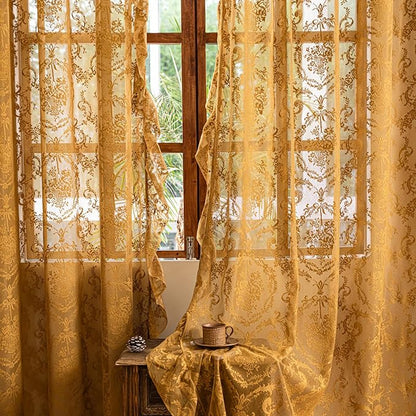 Deeprove Boho Gold Lace Sheer Curtains 84 inches Long 2 Panels Set by Deeprove