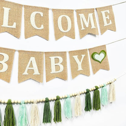 Baby Shower Burlap Pennant Banner Flag Felt Welcome Baby Sign Ombre Sage Green - Image 5