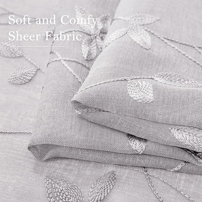 HOMEIDEAS Light Grey Sheer Curtains W52 x L96, Embroidered Vine Leaf | 2 Panels - Image 5