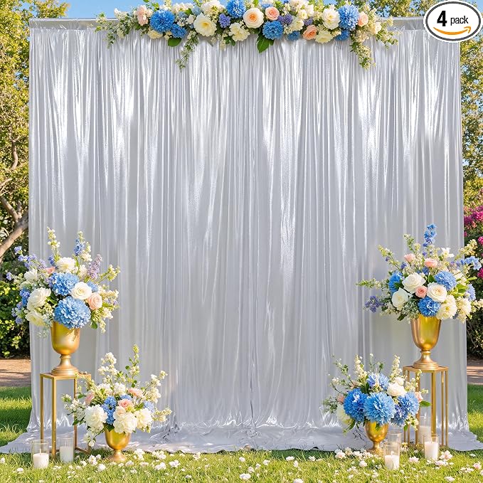 gogoparti Silver Backdrop Curtain 20x12FT 4 Panels Metallic Shine Fabric by Gogoparti