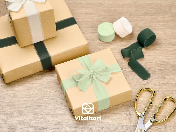 Vitalizart Green & Cream Chiffon Silk Ribbon 1" x 21 Yd Handmade Fringe | - Image 4